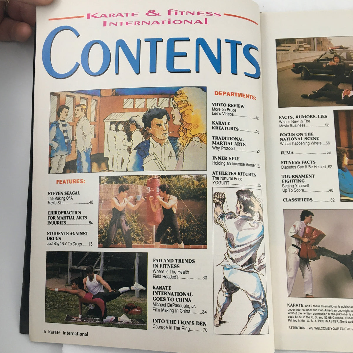Contents page of Karate International Magazine April 1991, showcasing features including Steven Seagal's article and related martial arts topics.