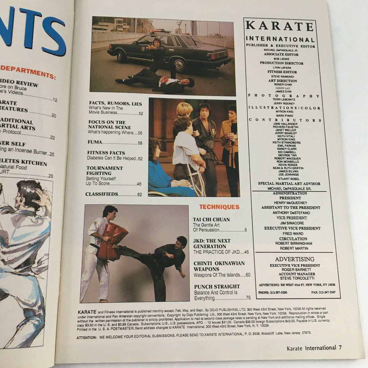 Karate International Magazine April 1991 contents page featuring articles on martial arts, including Jeet Kune Do, techniques, and techniques of various martial arts. This vintage magazine highlights Steven Seagal and offers insights into martial arts culture.