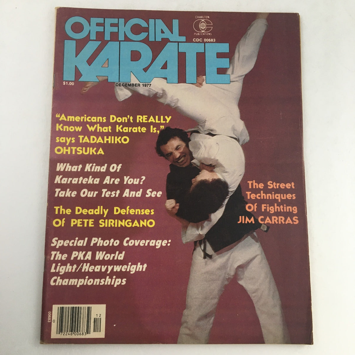 Cover of Official Karate Magazine December 1977 Vol 9 #72 featuring Jim Carras, showcasing the headline on karate techniques and interviews.