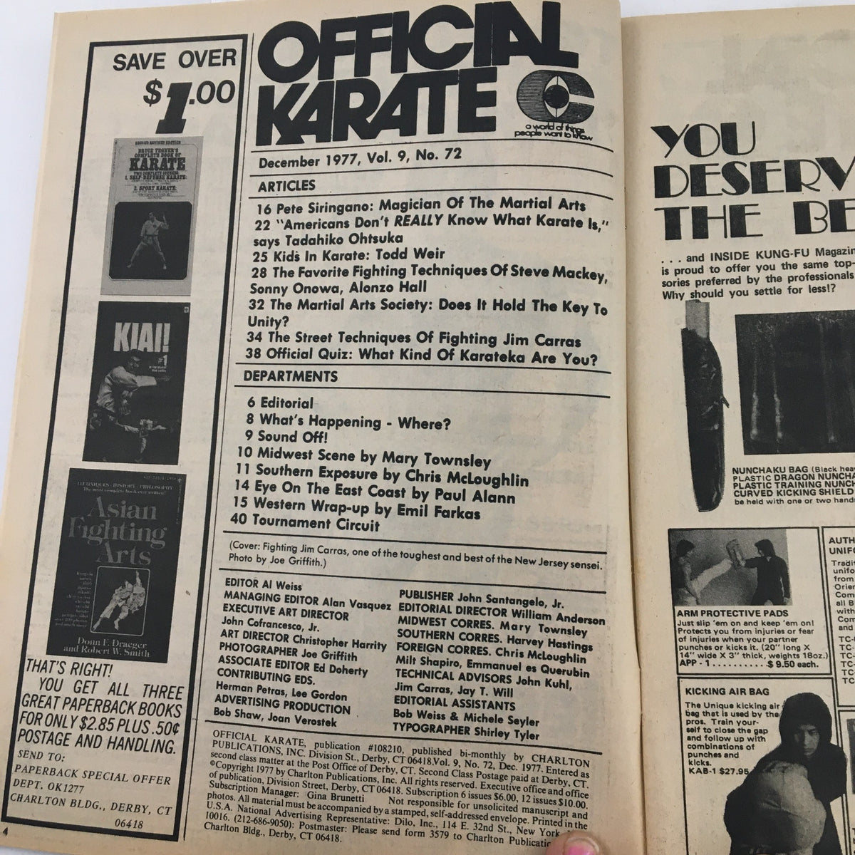Inside pages of Official Karate Magazine December 1977 Vol 9 #72 with articles including 'The Street Techniques of Fighting Jim Carras' and martial arts features.
