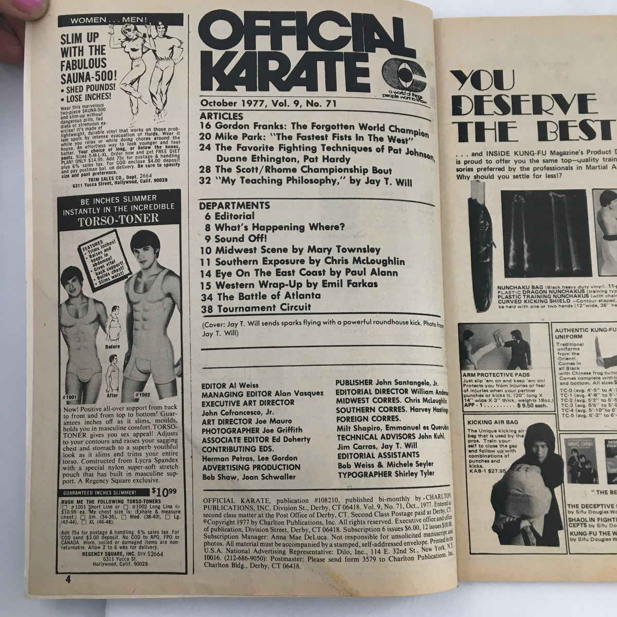 Interior page of Official Karate Magazine October 1977 Vol 9 #71 displaying article listings and advertisements reflective of the martial arts culture of the late 1970s.