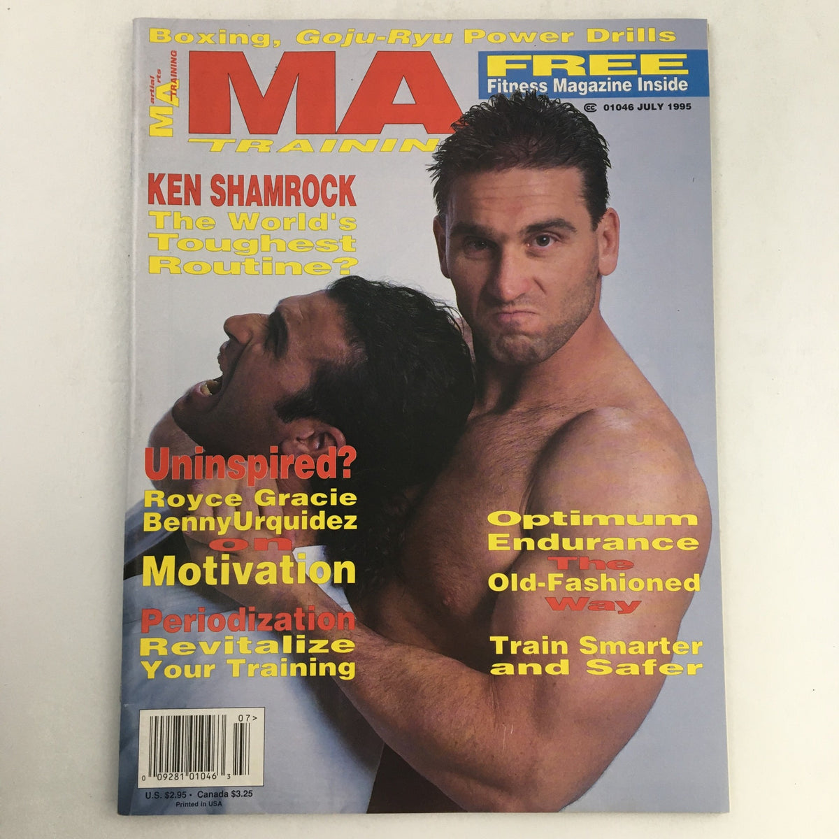 M.A. Training Magazine July 1995, Volume 22, Issue #4, featuring Ken Shamrock on the cover with training partner, highlighting martial arts training techniques and motivational themes.