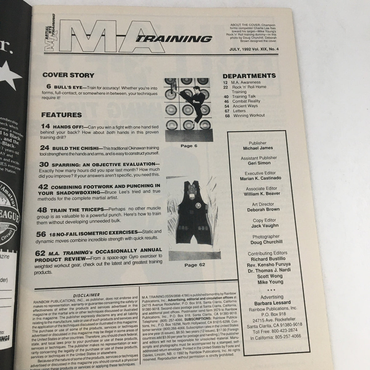 Inside page of M.A. Training Magazine July 1992 Vol 19 #4 displaying features and articles including 'Bull's Eye' and training insights.