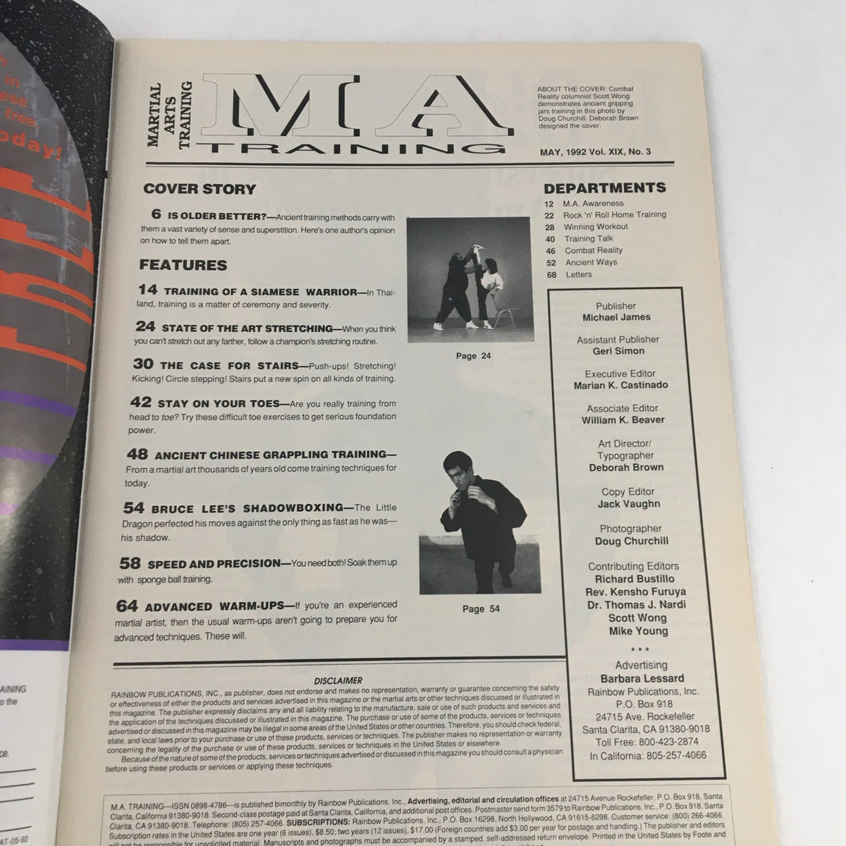 Inside page of M.A. Training Magazine May 1992 Vol 19 #3 displaying the table of contents, including articles on martial arts techniques, stretching, and Bruce Lee's shadowboxing.