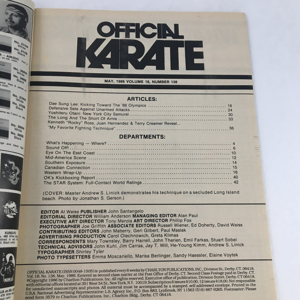 Interior page of Official Karate Magazine Vol 18 #138 May 1986, displaying the table of contents and article highlights including Dae Sung Lee and Andy Linick's contributions to martial arts.