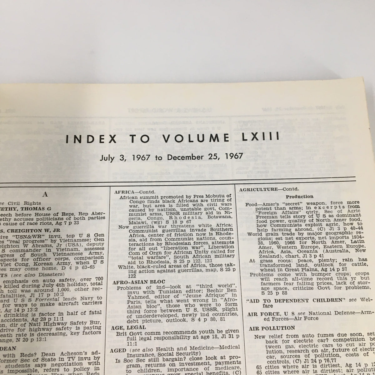 Details of the index section from US News & World Report Magazine July 3 1967 Index to Volume LXIII, displaying topics and articles covered from July 3 to December 25, 1967.