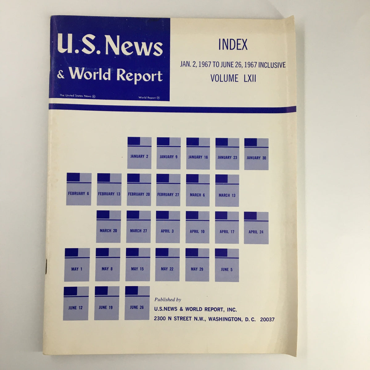 Cover image of US News & World Report Magazine January 2 1967, featuring the index for Volume LXII with a blue and white design.