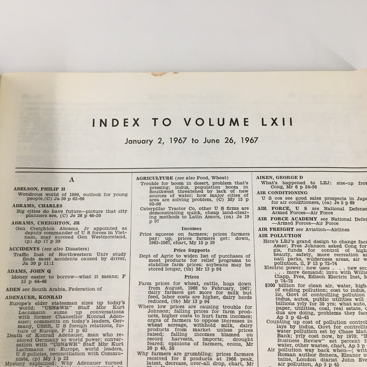 Interior page of US News & World Report Magazine January 2 1967, displaying the detailed index to Volume LXII, highlighting various articles and topics.