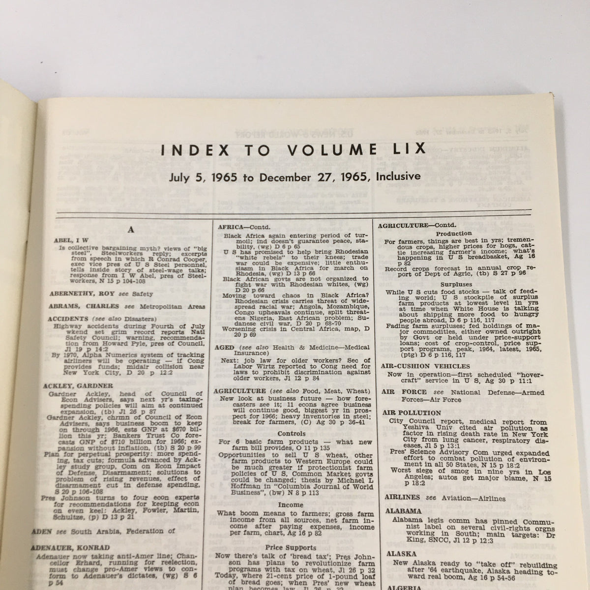 Inside page of US News & World Report Magazine July 5 1965, showing the index listings from July 5, 1965 to December 27, 1965 for Volume LIX.