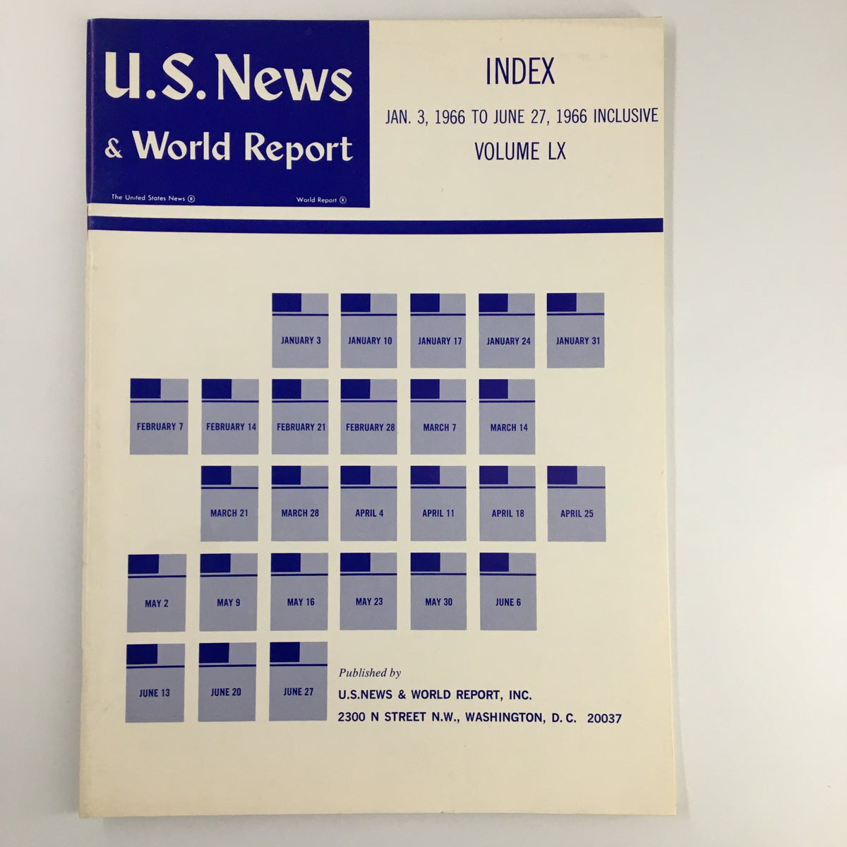 Cover of US News & World Report Magazine January 3, 1966, featuring the Index to Volume LX, highlighting significant dates from January to June 1966.