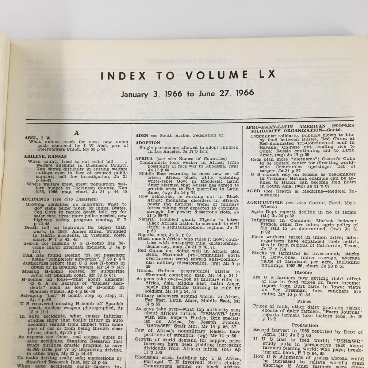 Interior page of US News & World Report Magazine January 3, 1966, showcasing the Index to Volume LX, detailing articles from January 3 to June 27, 1966.