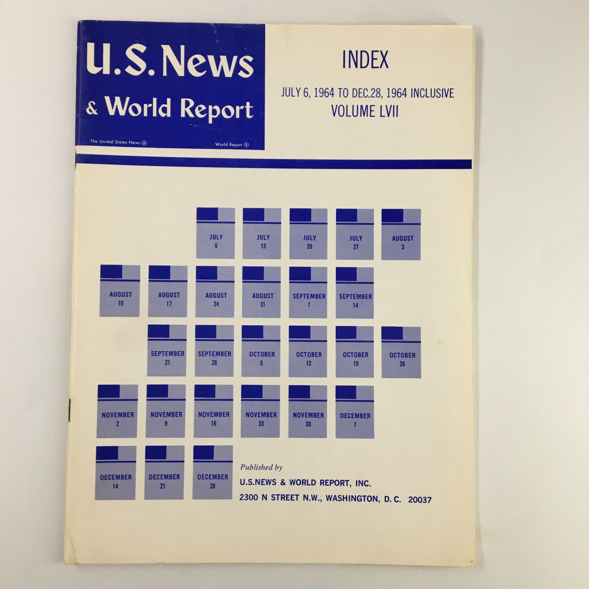 US News & World Report Magazine July 6 1964 Index to Volume LVII, featuring a blue and white design, listing publication dates from July to December 1964.