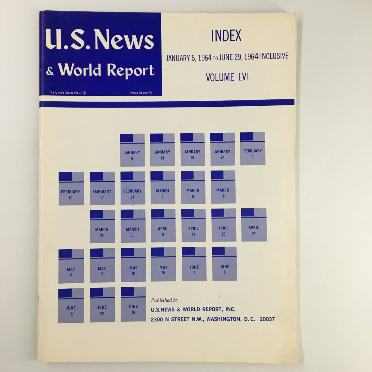 Cover of US News & World Report Magazine from January 6, 1964, featuring the Index for Volume LVI, displaying key dates and topics covered between January and June 1964.