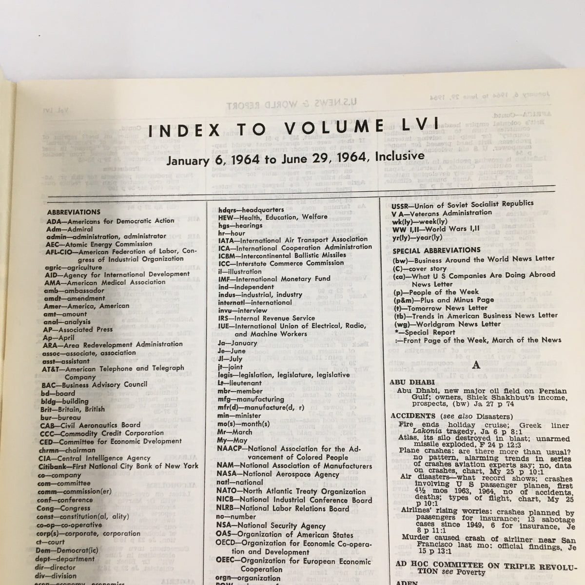 US News & World Report Magazine - January 6, 1964, showcasing the index to Volume LVI, featuring abbreviations and notable events between January 6 and June 29, 1964.