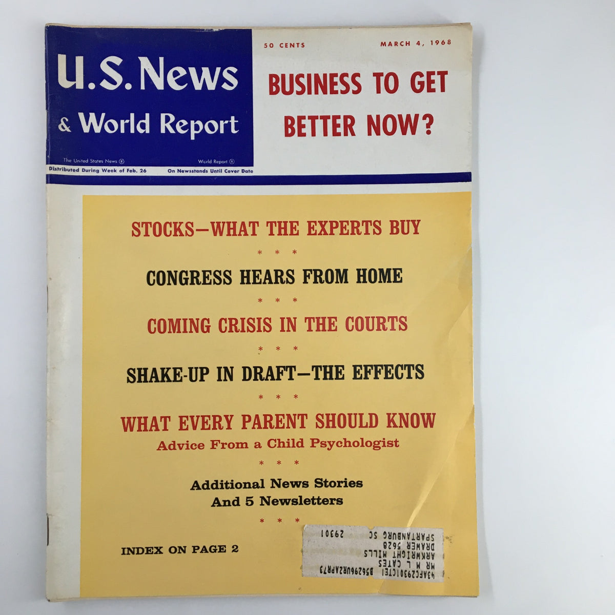 Cover of US News & World Report Magazine, March 4, 1968, featuring the title 'Coming Crisis In The Courts' and additional topics including 'Stocks - What the Experts Buy' and 'Congress Hears From Home', showcasing the vintage design and condition.