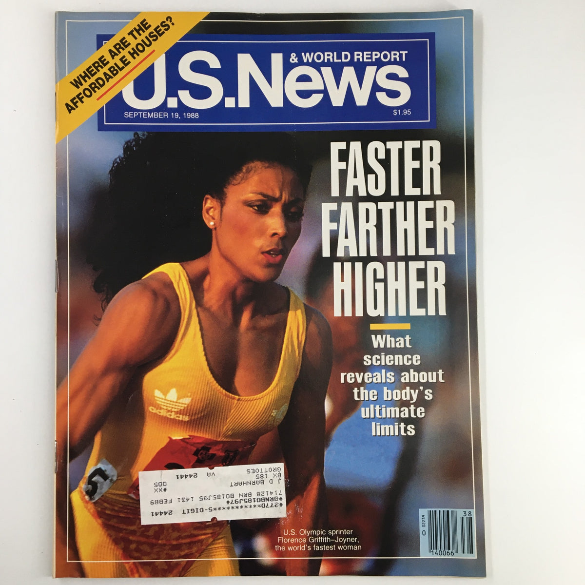 Cover of US News & World Report Magazine from September 19, 1988, featuring Florence Griffin-Joyner, highlighting topics on athletic science and performance.