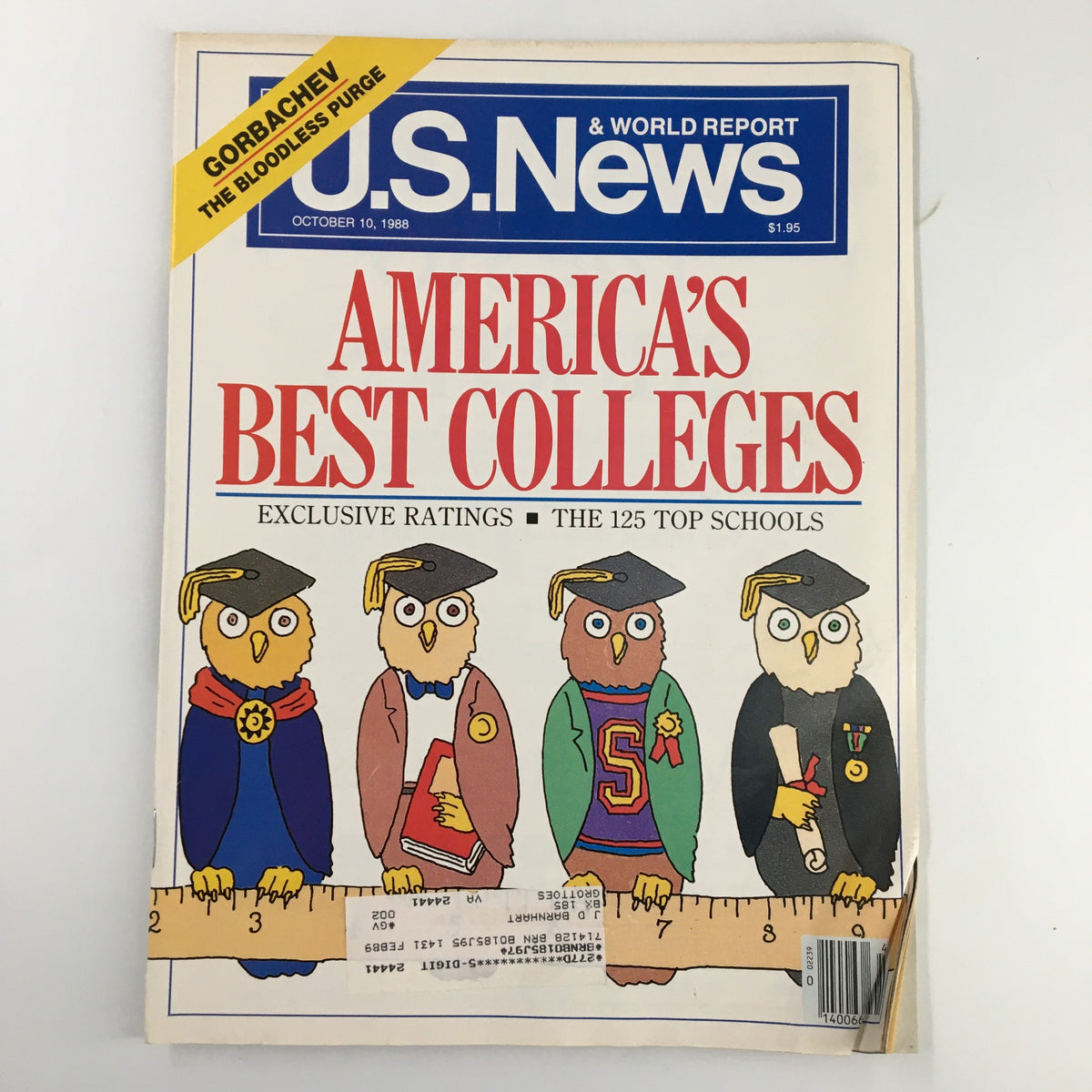 Cover of US News & World Report Magazine from October 10, 1988, featuring the headline 'Gorbachev: The Bloodless Purge' with illustrated owls dressed as graduates, highlighting 'America's Best Colleges' and exclusive ratings of the top 125 schools.