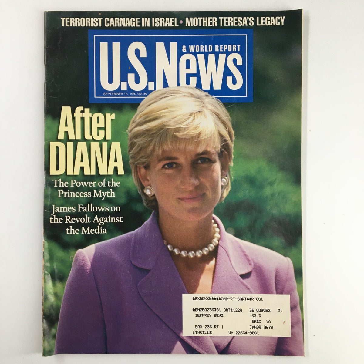U.S. News & World Report Magazine cover dated September 15, 1997, featuring the headline 'After Diana' and a tribute to Princess Diana's legacy, showcasing her in a pearl necklace and purple jacket.