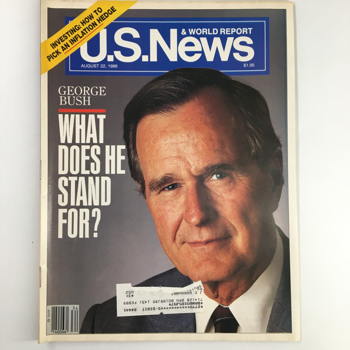 US News & World Report Magazine August 22 1988 featuring George Bush on the cover, with a headline asking "What Does He Stand For?" This vintage issue captures the political essence of the late 1980s.