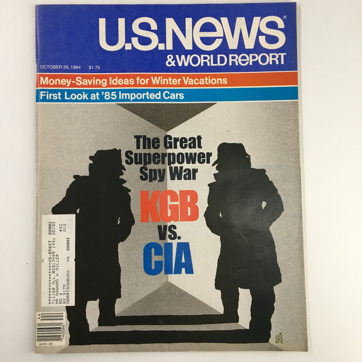 Cover of US News & World Report Magazine dated October 29, 1984, featuring the title 'The Great Superpower Spy War: KGB vs. CIA'. The cover displays silhouettes of two spies against a gray background, highlighting the Cold War theme.