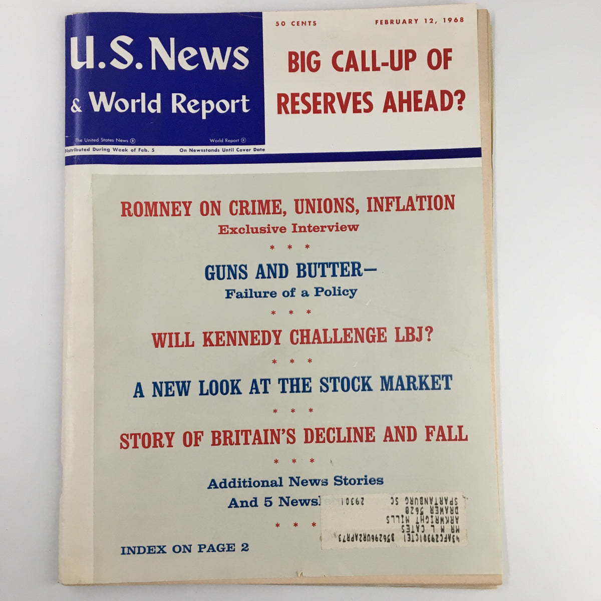 Cover of US News & World Report Magazine dated February 12, 1968, featuring headlines about Romney's exclusive interview, military reserves, and economic policies alongside significant news topics of that era.