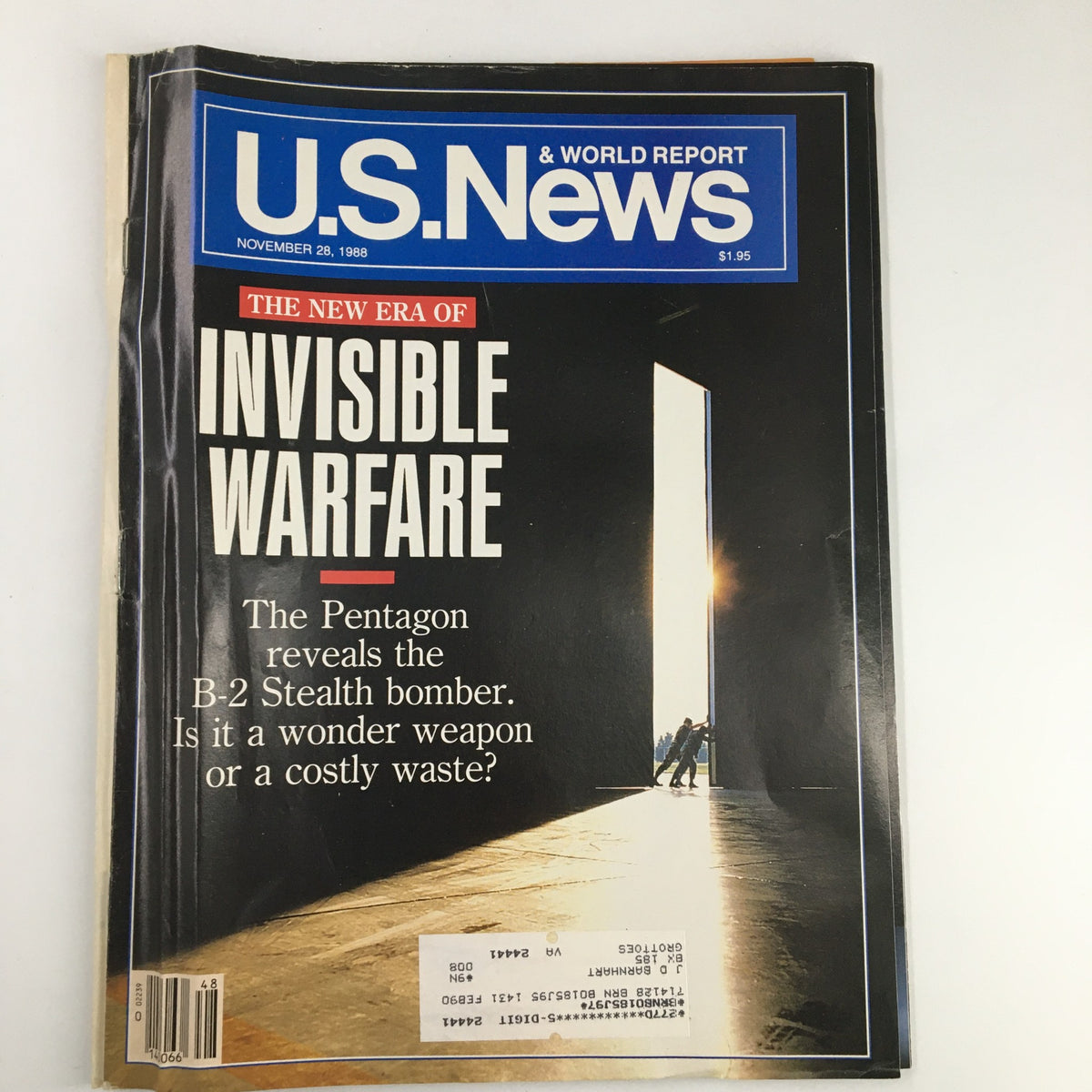 U.S. News & World Report magazine cover from November 24, 1988, featuring the headline 'The New Era of Invisible Warfare' and an image related to the B-2 Stealth bomber.