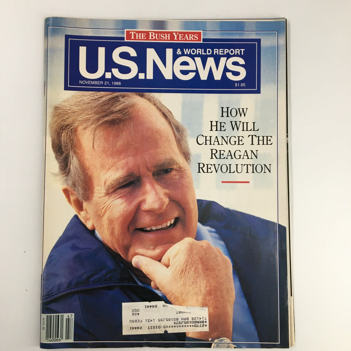 Cover of US News & World Report Magazine from November 21, 1988 featuring the title 'The George Bush Years'. The image depicts a smiling George H.W. Bush in a thoughtful pose, promoting an article about how he will change the Reagan Revolution. This vintage issue provides insights into the political landscape of the time.