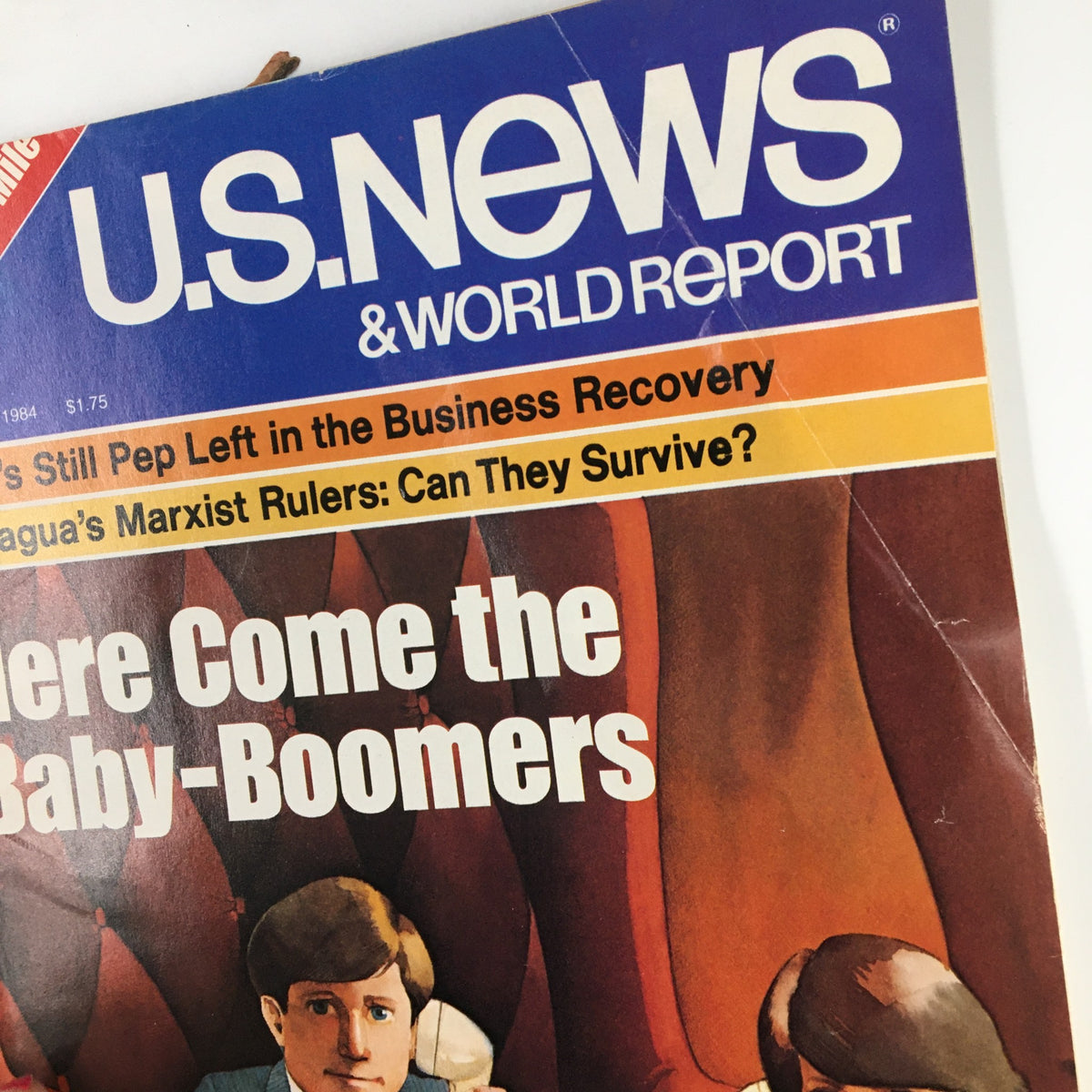 Close-up of the November 5, 1984 cover of US News & World Report Magazine highlighting the title 'Here Comes The Baby-Boomers' alongside additional headlines about business recovery and Nicaragua.