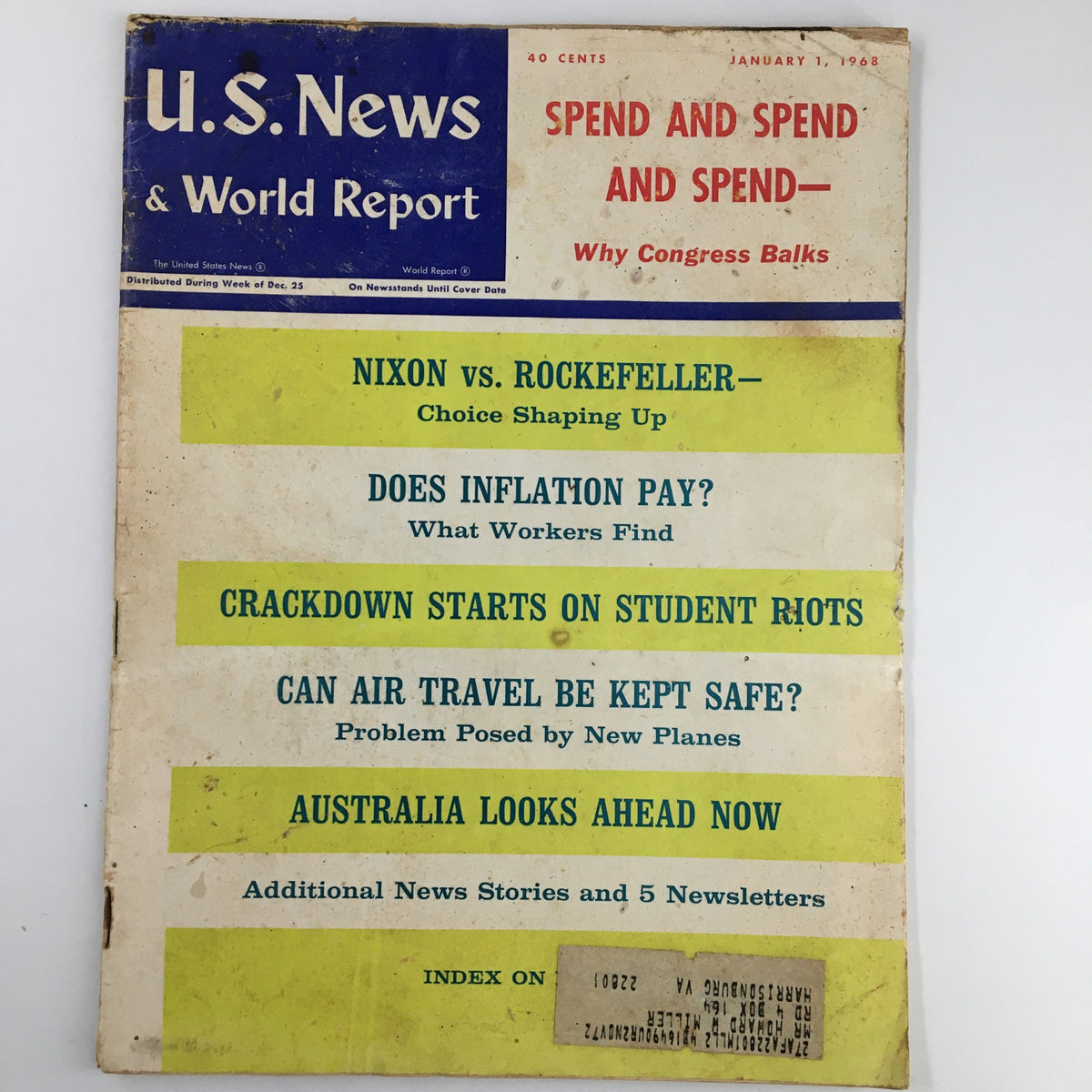 Cover of US News & World Report Magazine January 1, 1968 featuring articles on Nixon vs. Rockefeller, inflation, and student riots.