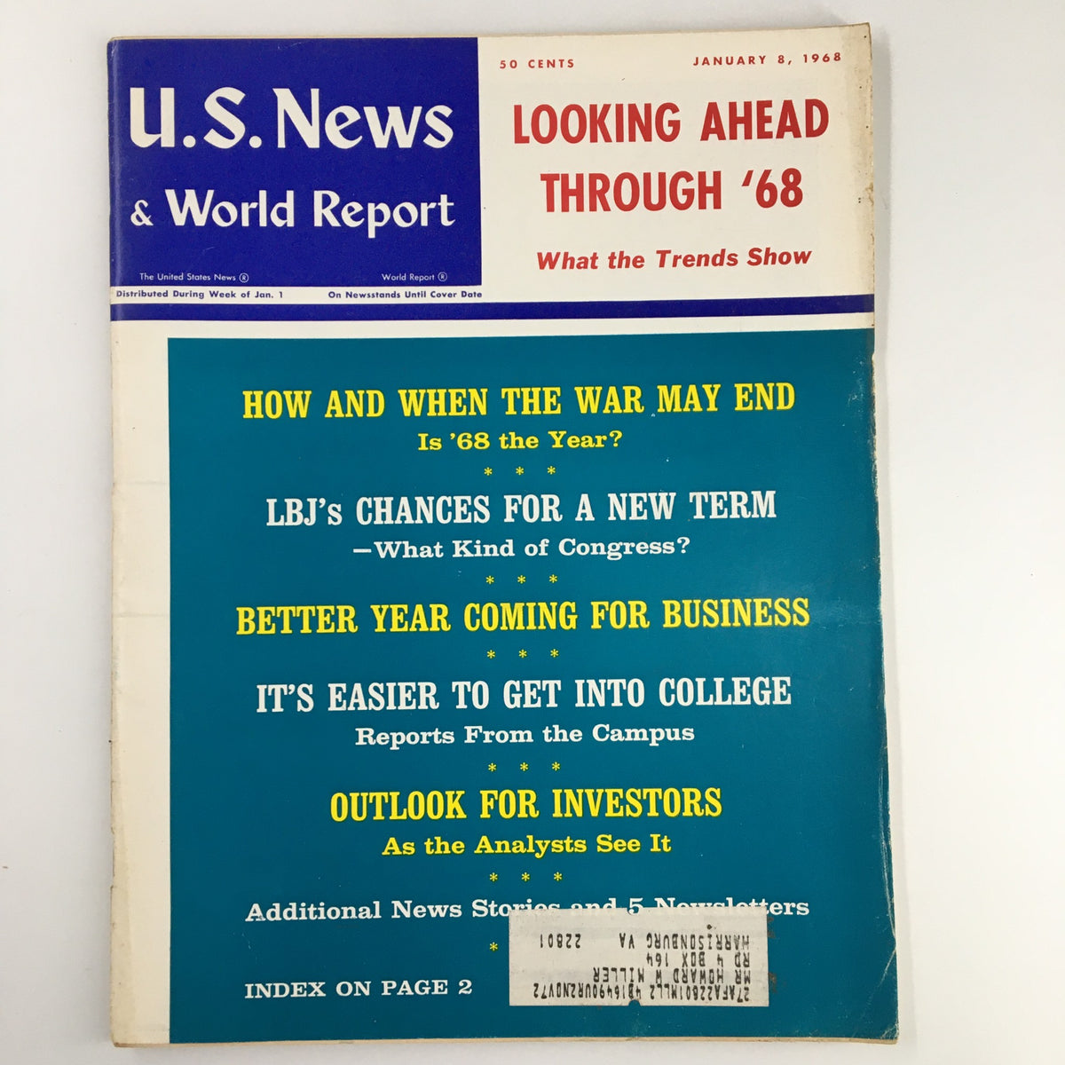 Cover of US News & World Report Magazine January 8, 1968 titled 'Looking Ahead Through 1968', featuring articles about the Vietnam War, political prospects, business outlook, and college admissions.