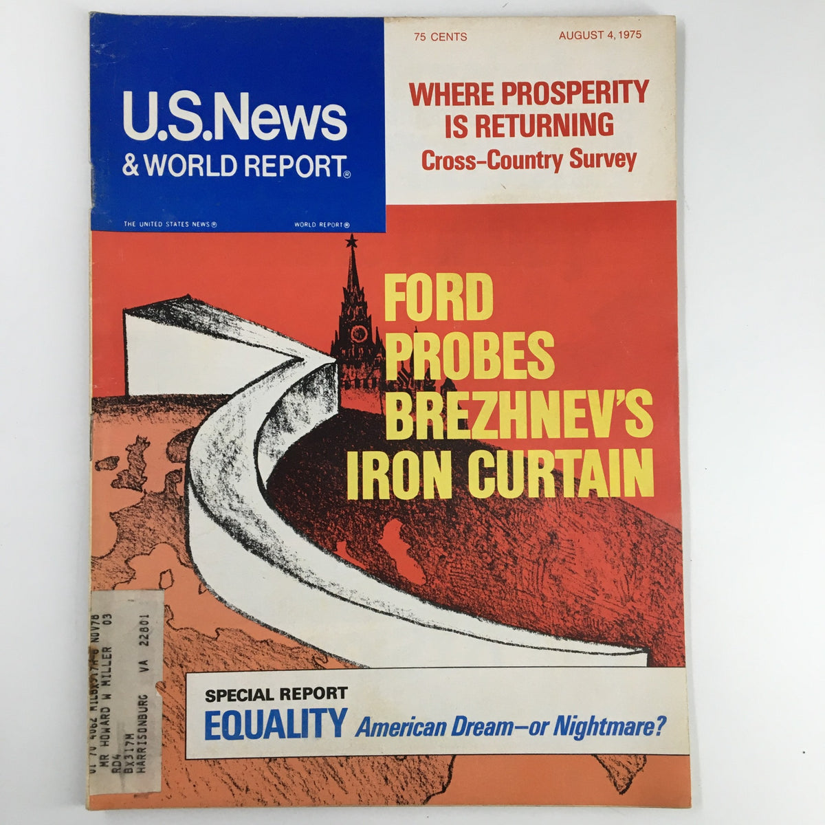 Cover of US News & World Report magazine dated August 4, 1975, featuring the title 'Ford Probes Brezhnev's Iron Curtain' and a graphic representation of geopolitical themes from the Cold War.