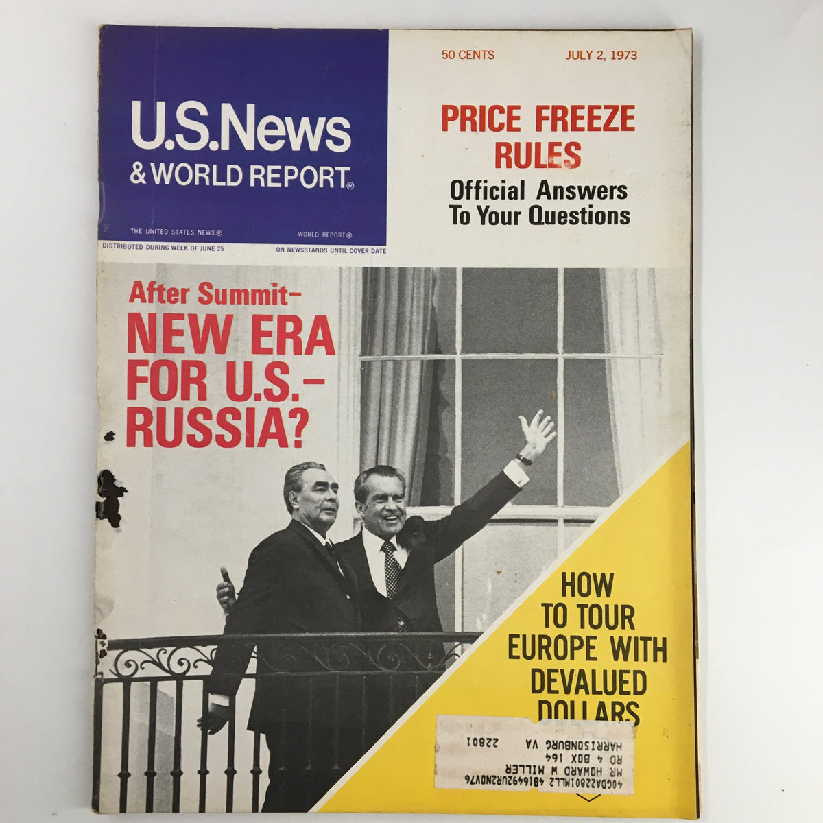 Cover of US News & World Report Magazine from July 2, 1973, featuring significant historical event with Leonid Brezhnev and Richard Nixon, discussing U.S.-Russia relations post-summit.