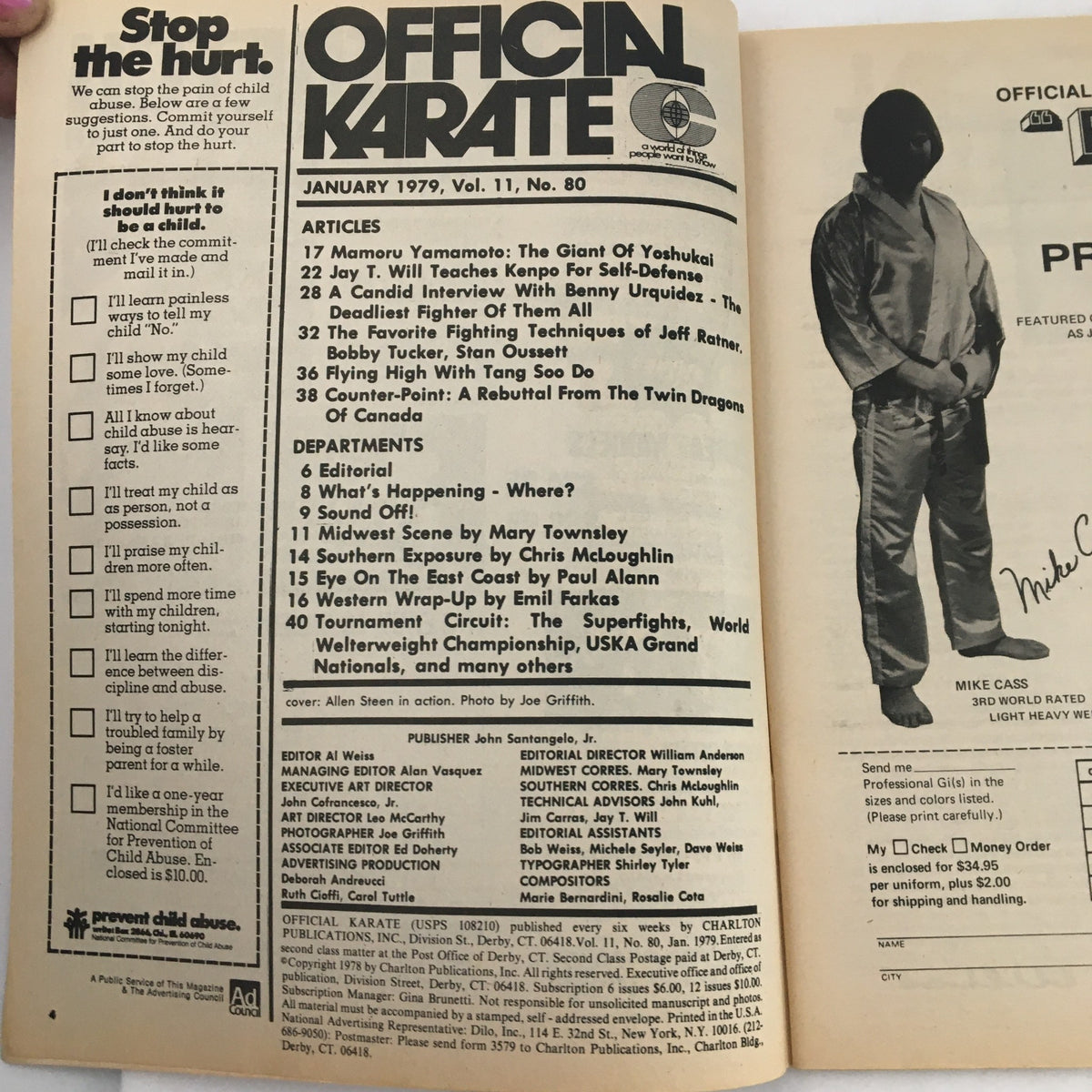 Inside page of Official Karate Magazine January 1979 Vol 11 #80, showcasing the table of contents and articles about martial arts, including feature on Allen Steen.