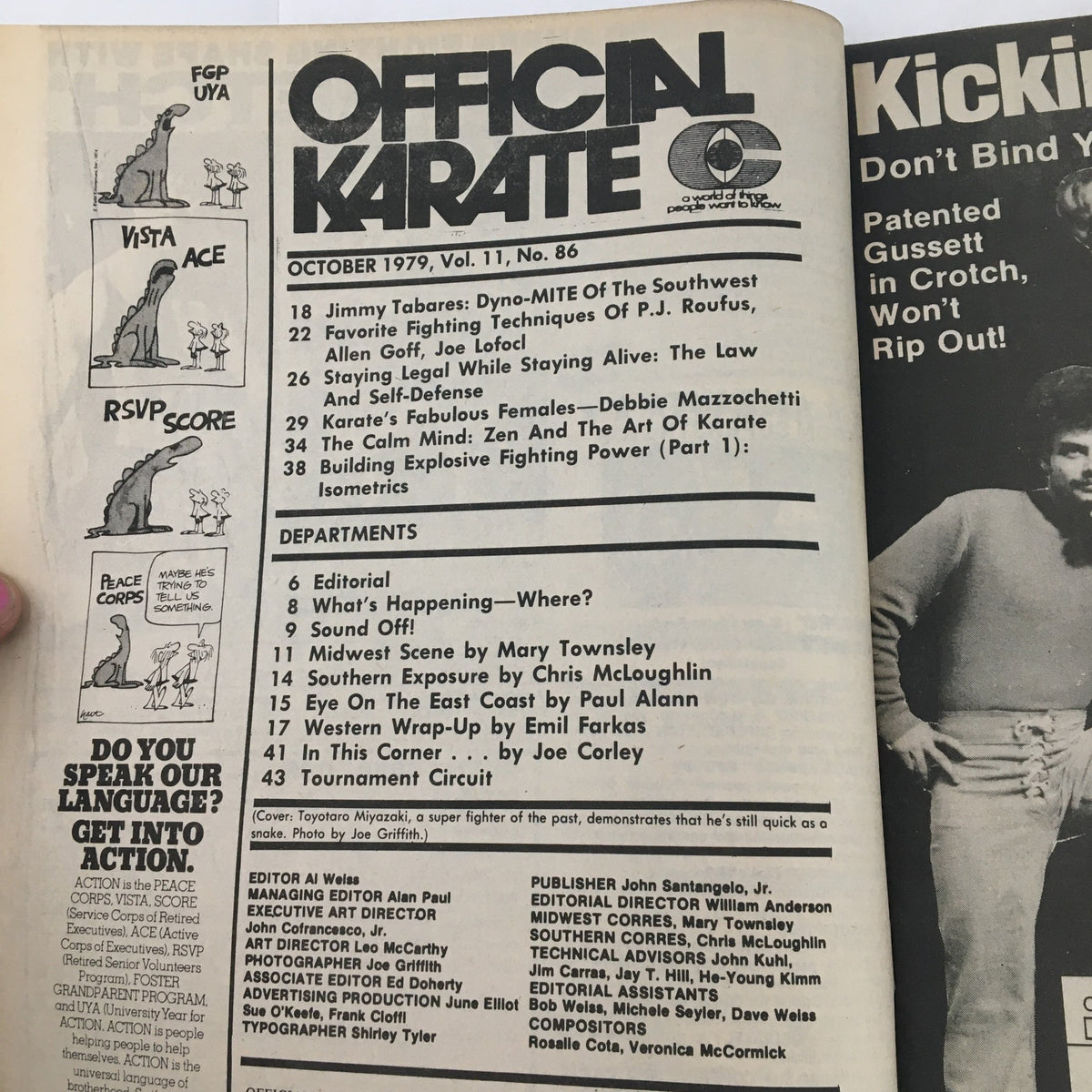Table of contents page from Official Karate Magazine October 1979 Vol 11 #86, listing articles on karate techniques and self-defense including features on Jimmy Tabares and Zen in karate.