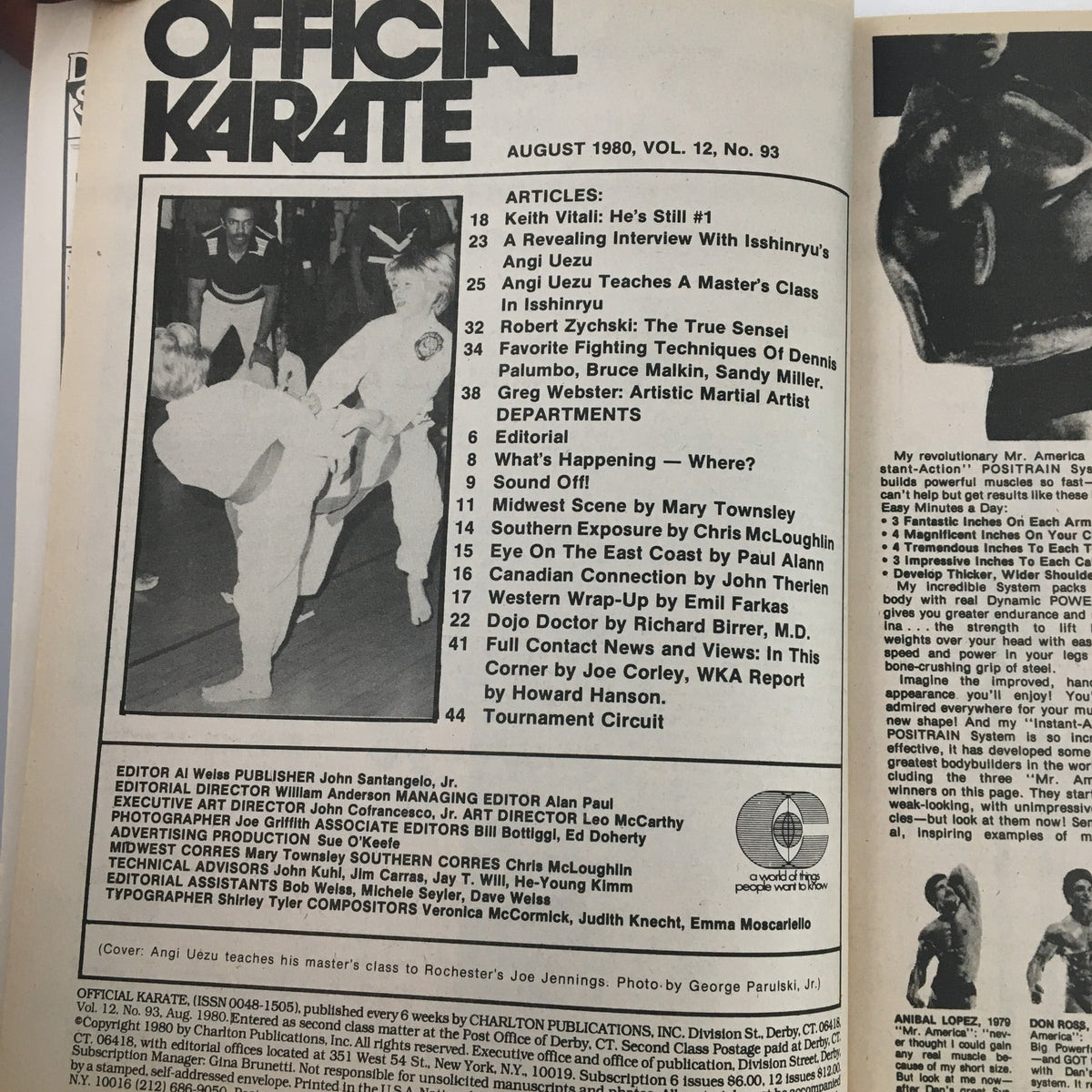 Table of contents from Official Karate Magazine August 1980 Vol 12 #93 showcasing featured articles including Angi Uezu's teaching session.