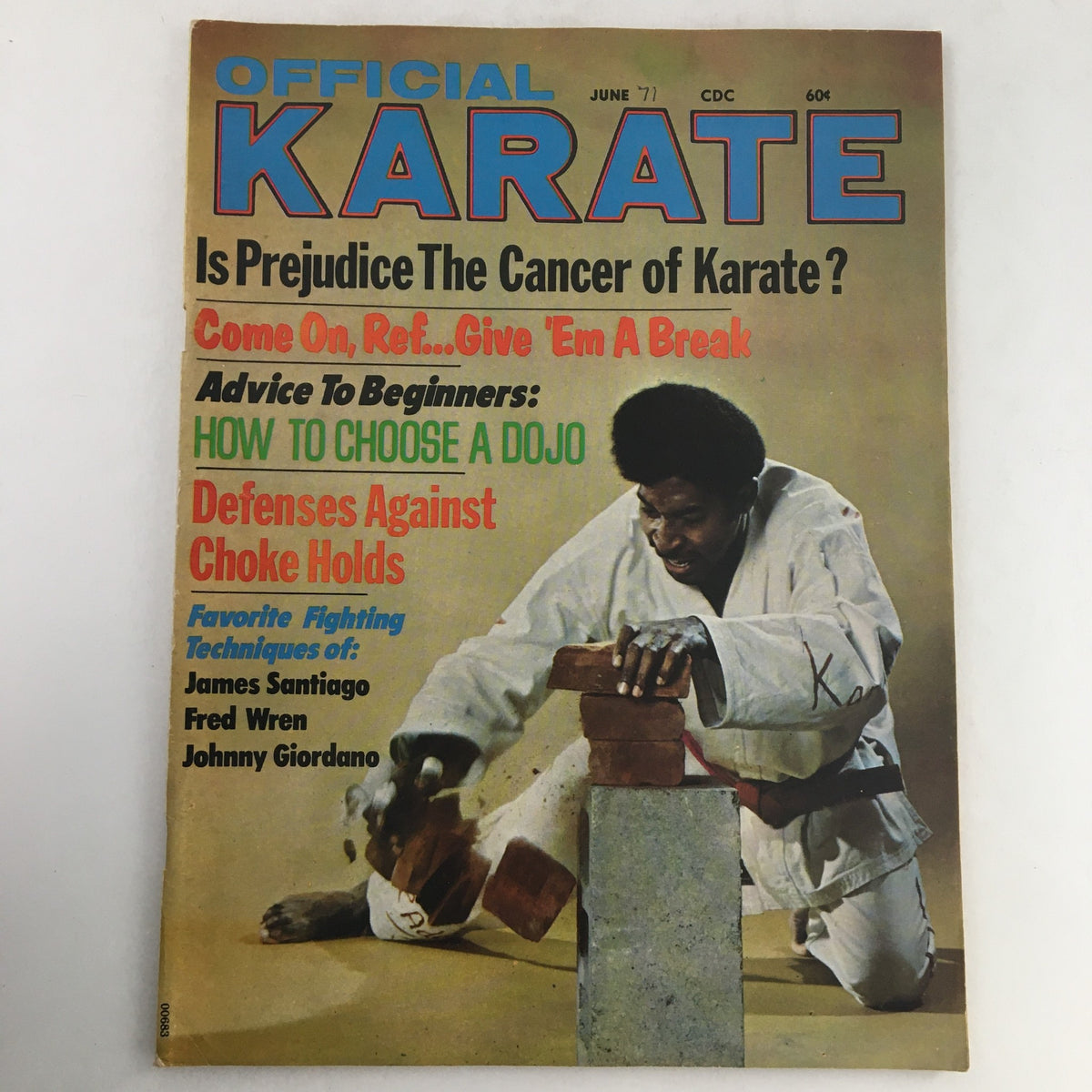 Cover of the Official Karate Magazine June 1971 Vol 3 #13 featuring a karate practitioner in a gi performing a brick-breaking technique. The magazine discusses topics such as prejudice in karate, advice for beginners, and defenses against choke holds, showcasing martial arts culture of the 1970s.