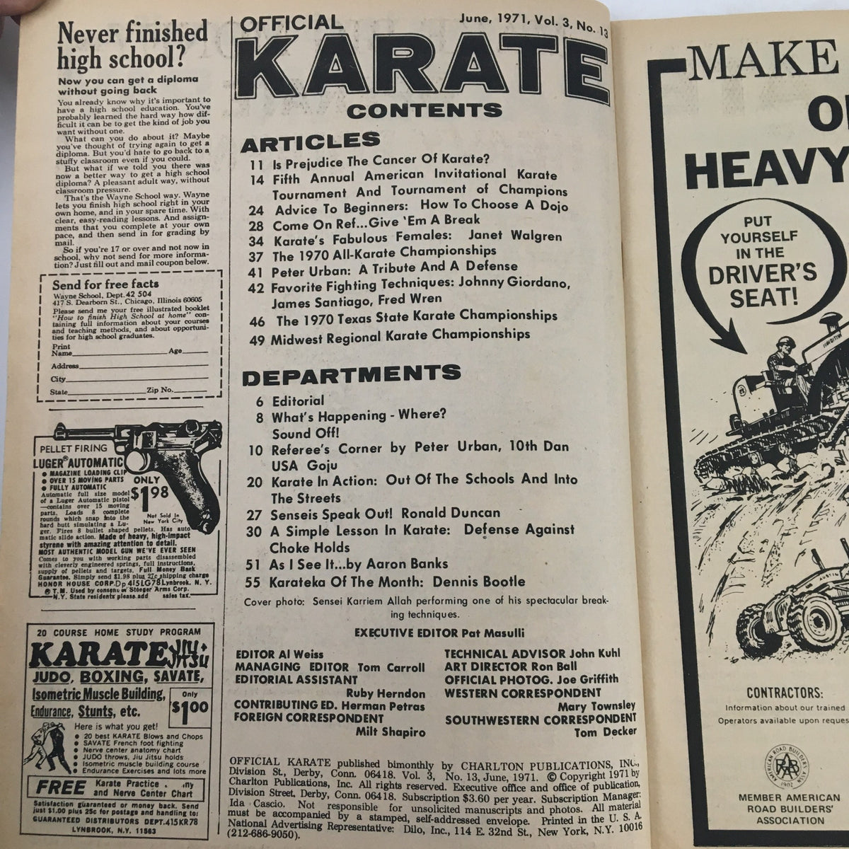 Official Karate Magazine June 1971 Vol 3 #13 contents page featuring articles on karate techniques, championships, and notable martial artists. The layout includes titles of featured pieces and a vintage advertisement.