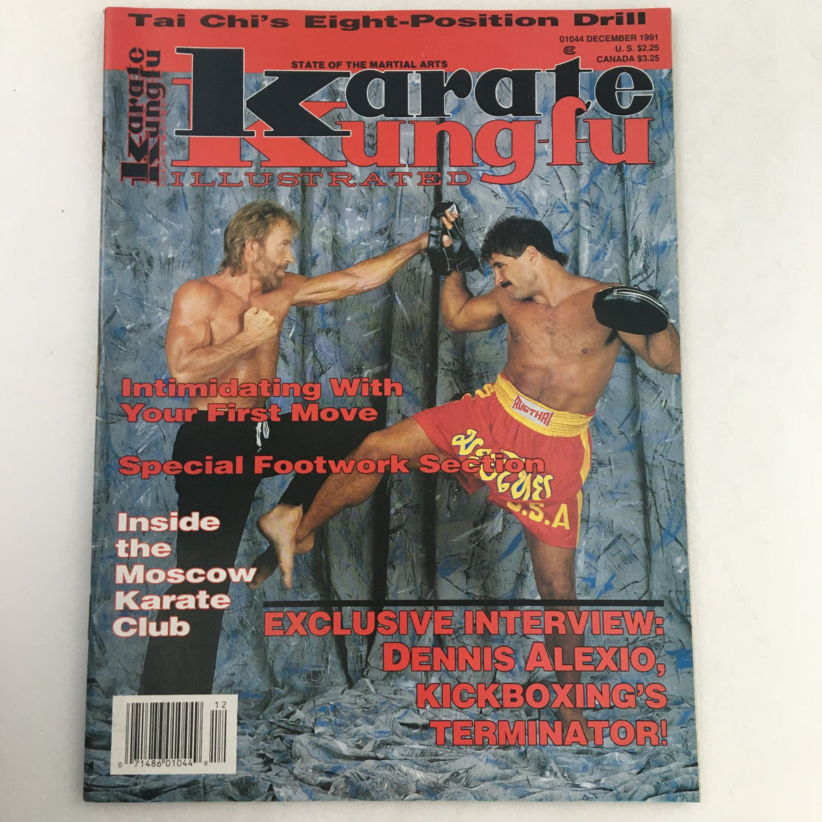 Cover of Karate Kung-Fu Illustrated Magazine December 1991 featuring Chuck Norris and Dennis Alexio, showcasing martial arts themes and highlights from the issue.