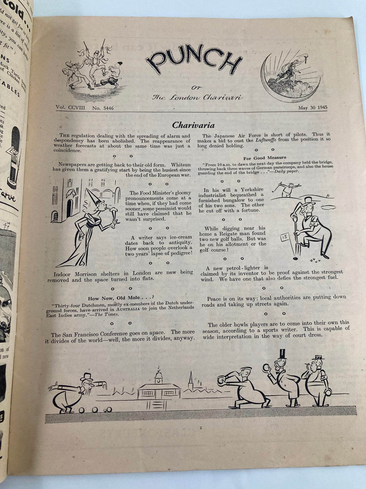 Inside page of VTG Punch Magazine May 30 1945 #5446 Volume 208, showcasing wit and commentary on wartime life through cartoons.