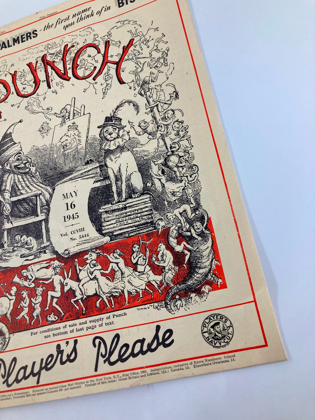Close-up of the front cover of the VTG Punch Magazine May 16 1945 #5444 Vol 208, highlighting whimsical illustrations and humorous content from the World War II era.