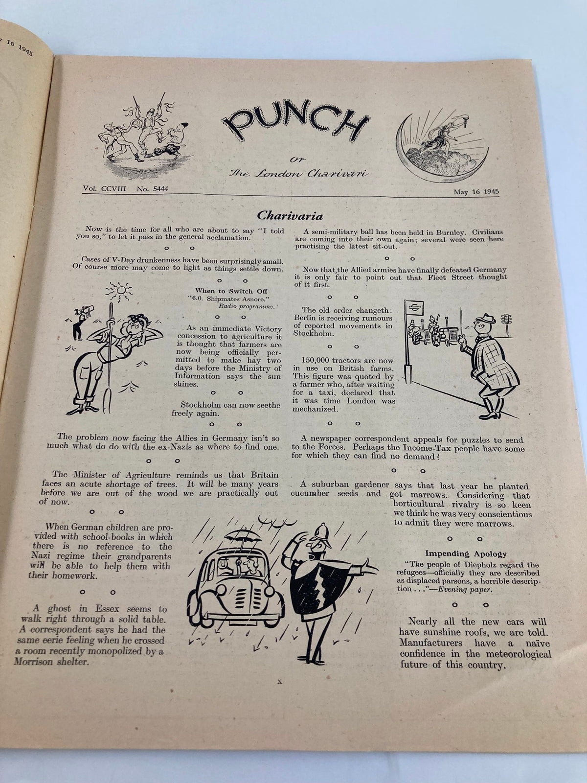 Vintage Punch Magazine from May 16, 1945, issue #5444, featuring cartoons and humor related to World War II, showcasing the magazine's title, publication date, and a section titled Charivaria.
