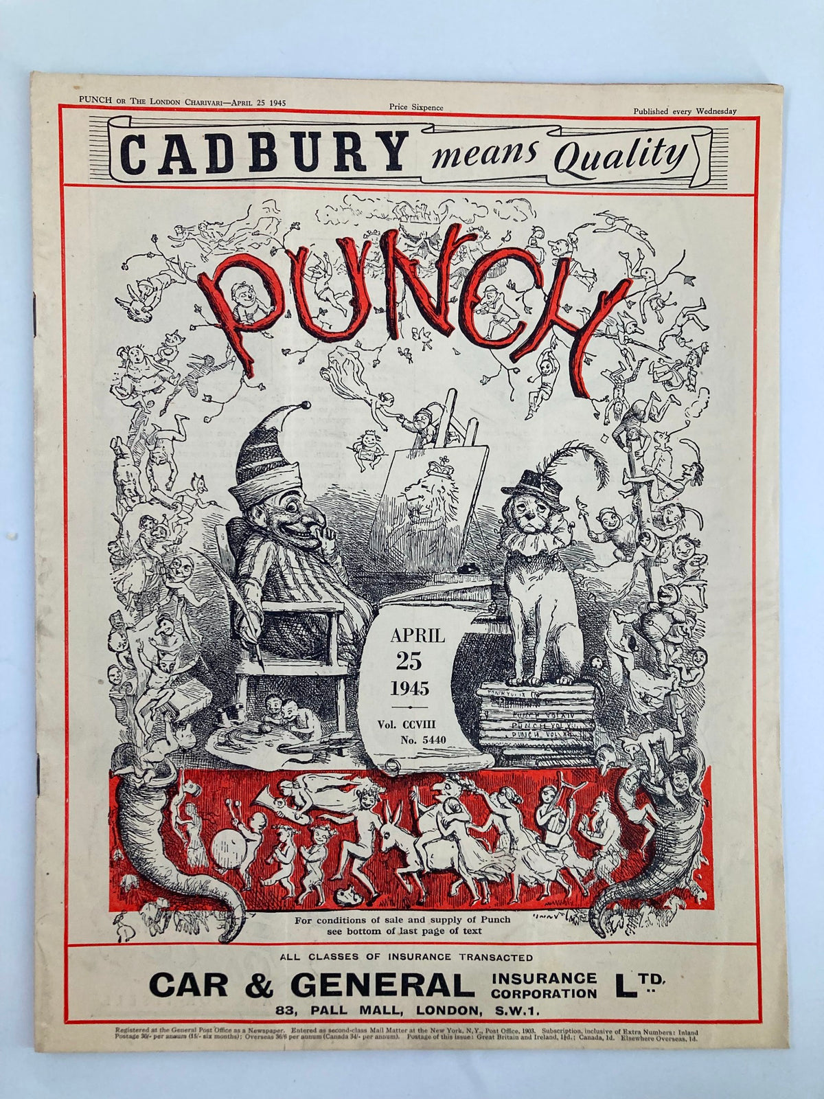 VTG Punch Magazine April 25 1945 issue #5440 featuring a whimsical cover illustration with playful characters and cartoon motifs, embodying humor from the World War II era.