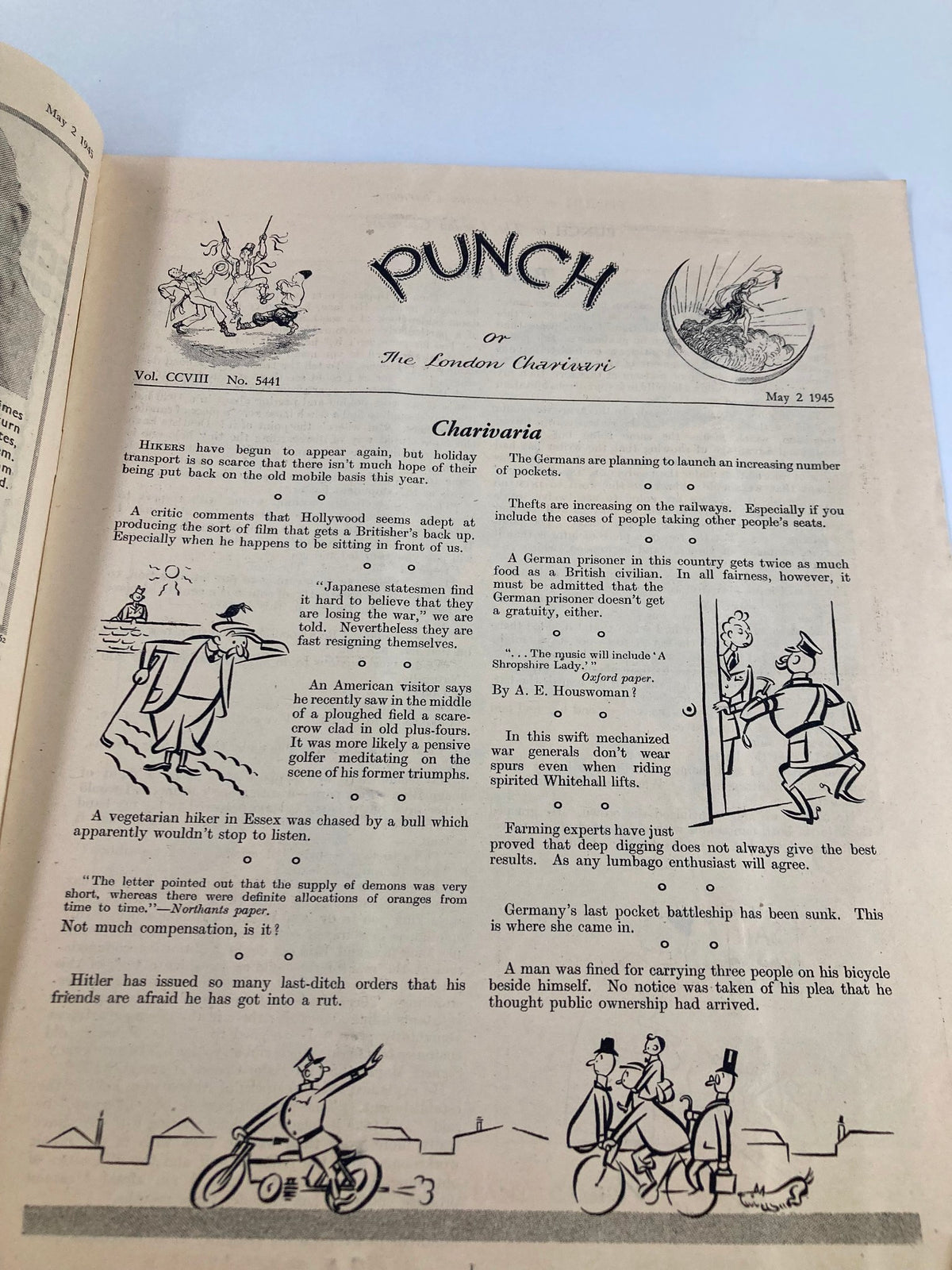 Inside page of VTG Punch Magazine May 2, 1945, issue #5441, Volume 208, showcasing humorous articles and illustrations from the WWII era.