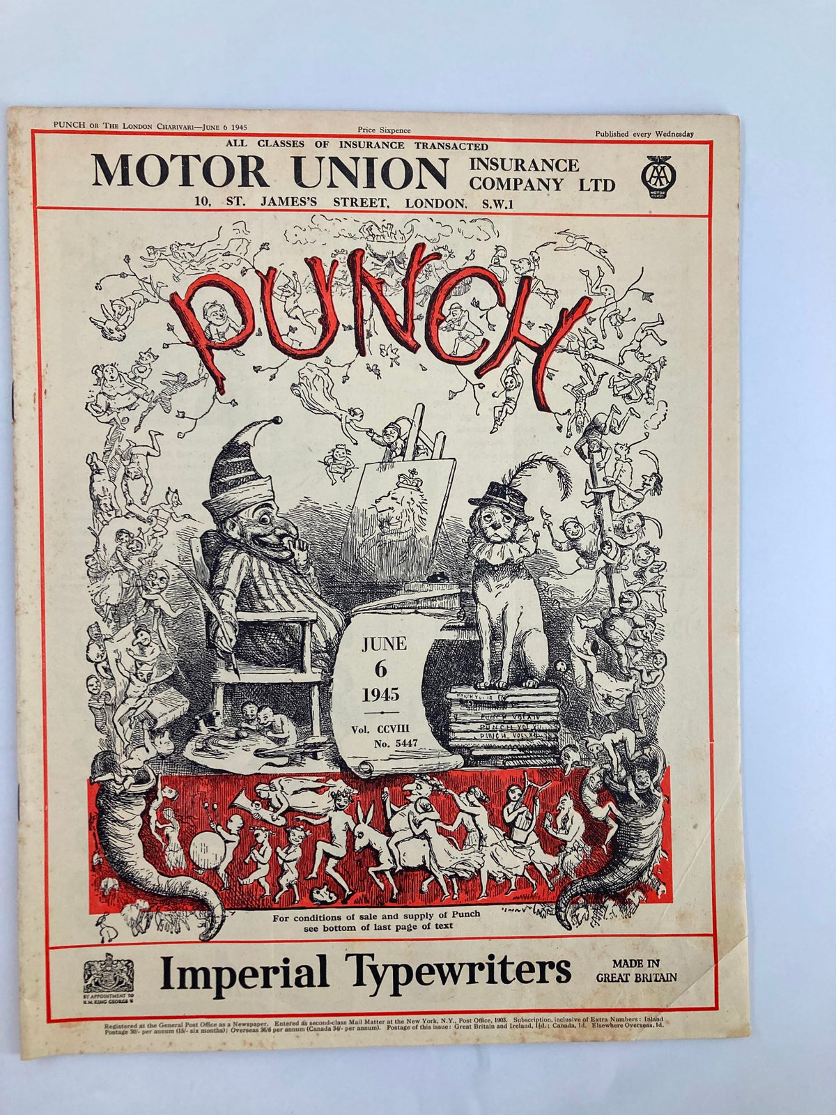 Front cover of VTG Punch Magazine June 6 1945, issue number 5447, featuring colorful illustrations and whimsical cartoons from World War II.