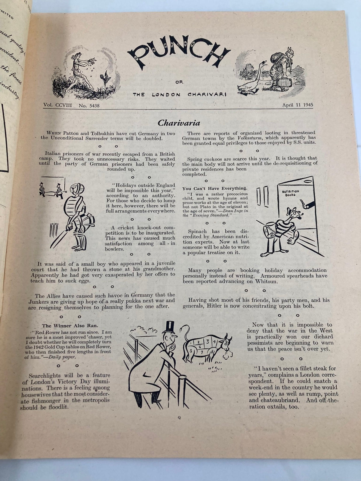 Page from the VTG Punch Magazine April 11, 1945, issue #5438 Vol 208 featuring WWII humor and cartoons, including illustrations and commentary related to the lighter side of wartime life.
