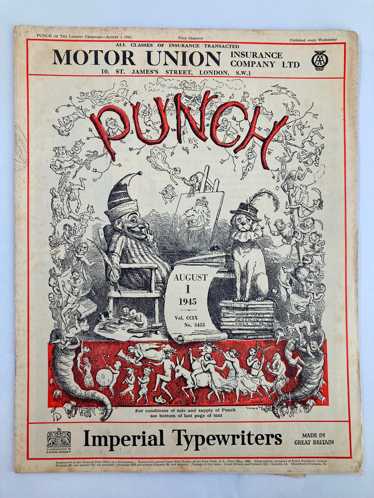 Cover of VTG Punch Magazine August 1 1945 #5455 Vol 209 featuring humorous illustrations and cartoons representative of the World War II era.
