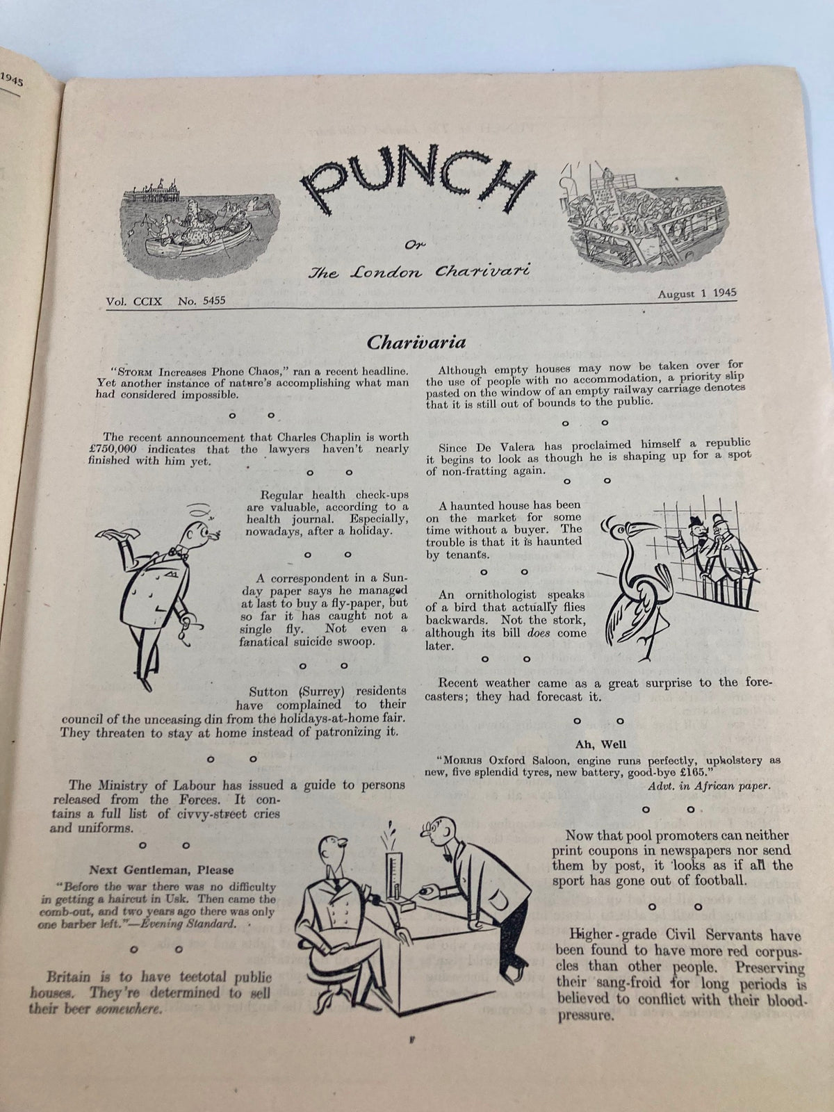 Interior page of VTG Punch Magazine August 1 1945 #5455 Vol 209 featuring cartoon humor and satirical content from World War II era.