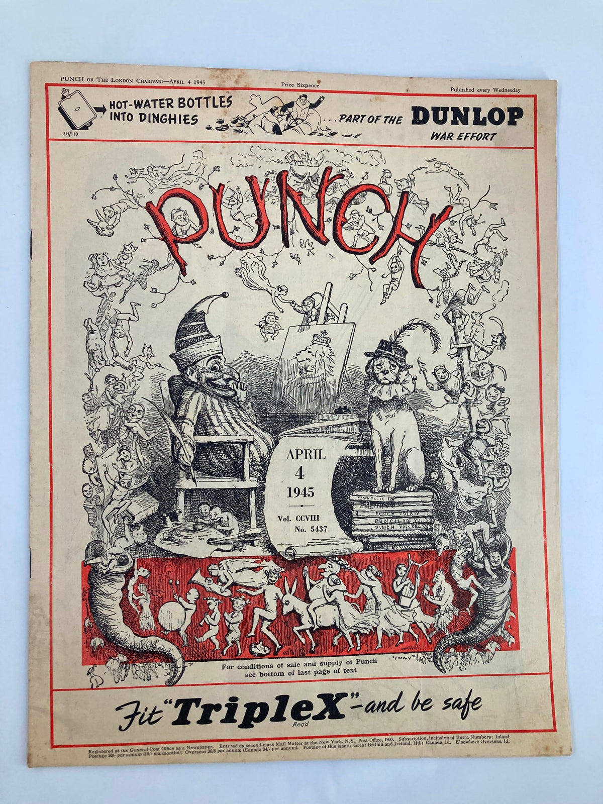 Cover of VTG Punch Magazine April 4 1945, Issue #5437, featuring vintage cartoons and humor from WWII era with colorful illustrations and satirical art.