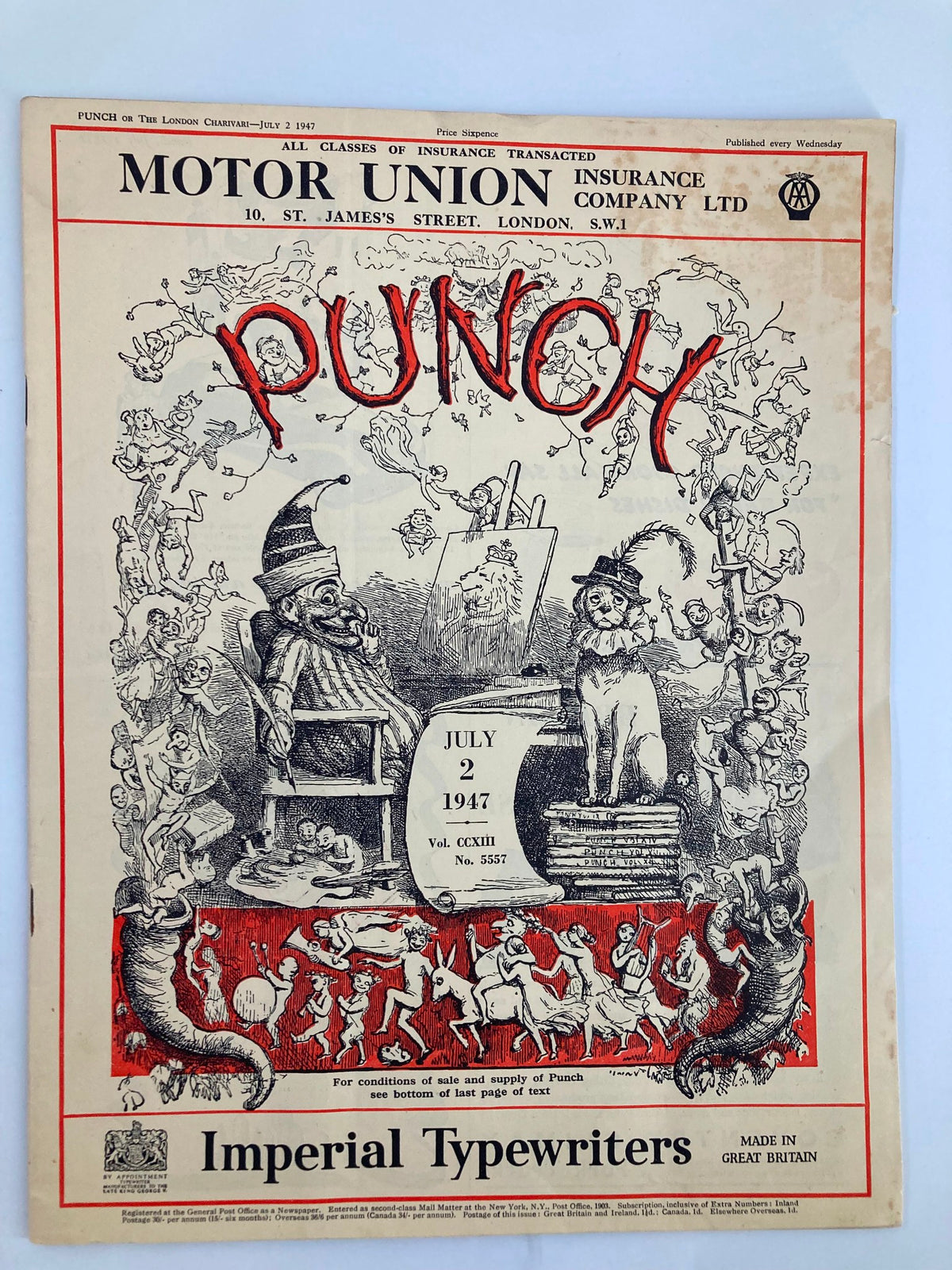 Vintage VTG Punch Magazine front cover from July 2, 1947, issue number 5557, Volume 213 featuring cartoon illustrations and humorous themes from the World War II era.