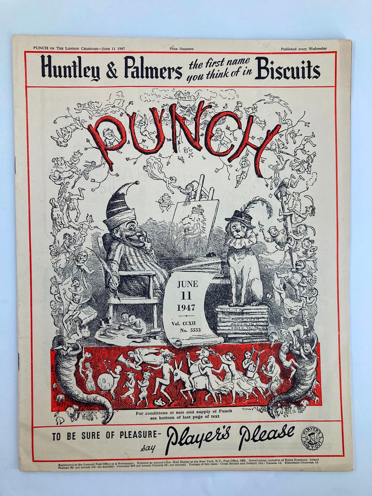 Cover of VTG Punch Magazine from June 11, 1947, Issue #5553, featuring cartoon illustrations and humor reflecting post-war societal themes.